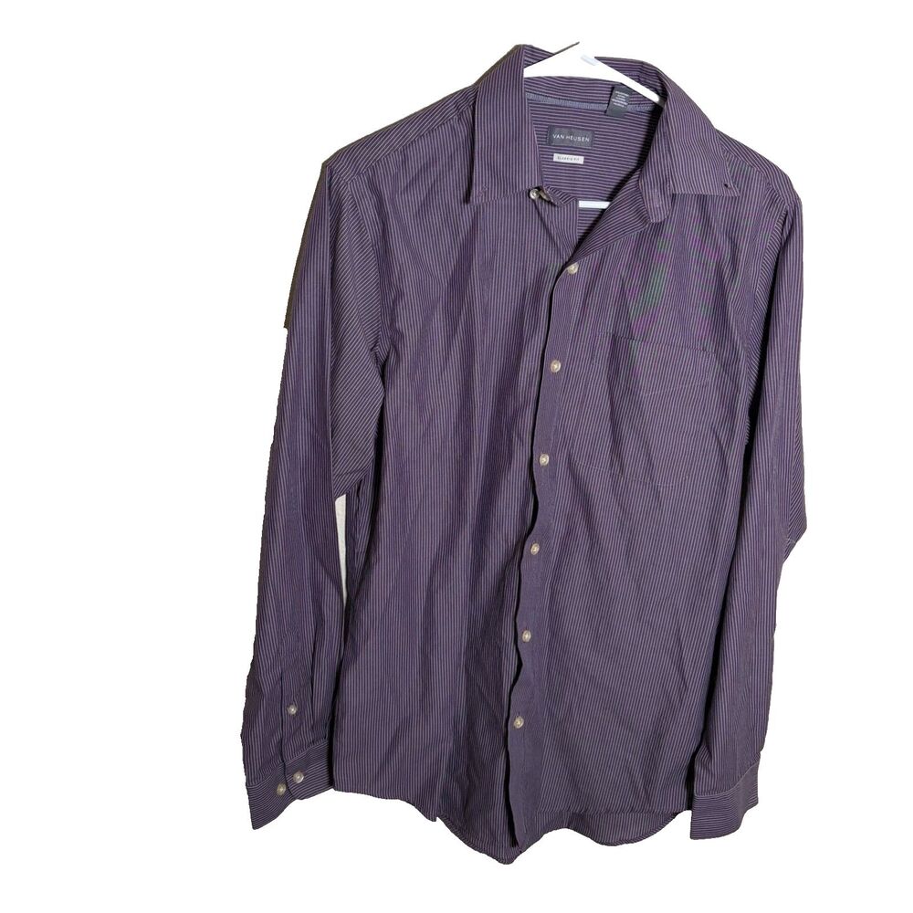 Van Heusen Dress Shirt Men's Small 14-14.5 Purple Striped Collared Long Sleeve